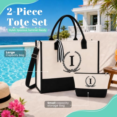 Embroidered Floral Monogram Canvas Tote with Zipper Pockets Gift for Her - color: I