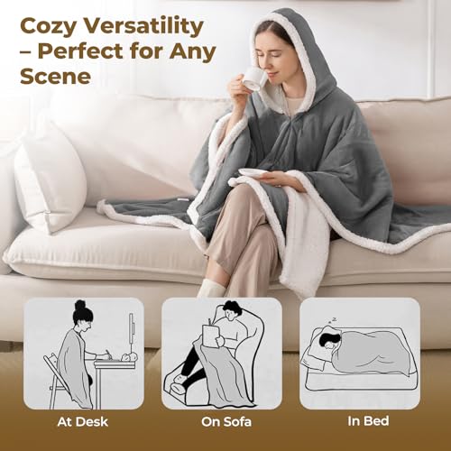 Wearable Heated Shawl Blanket with Hood & Pockets, 56"x63", Light Grey - color: Light Grey, size: 56"x63"