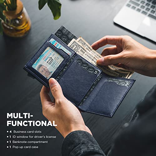 VULKIT Pop up Card Wallet Minimalist Cash Wallets RFID Blocking Leather Smart Credit Card Holder with ID window for Men(Navy) - color: Navy