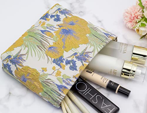 Flat Makeup Bag for Women,Zipper Cosmetic Pouch Purse,Brocade Flower Yellow - color: Brocade Flower Yellow