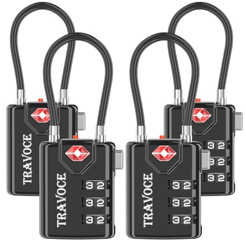 TSA Approved Luggage Locks, Combination Cable Locks, 4 Pack, Black | Search Alert shows TSA key access; resettable 3-digit code and flexible braided steel cable for suitcases and backpacks. - color: Black 4 Pack