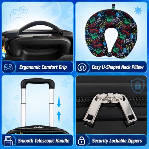 UFNDC Lightweight Hardshell Spinner Kids Suitcase Set 2PCS with Wheels - Airplane Approved Carry-On Luggage for Boys & Children Ages 3-10, Fun Game Rolling Suitcases for Elementary Toddler Travel - color: Black Fun Game Luggage 2PCS Set