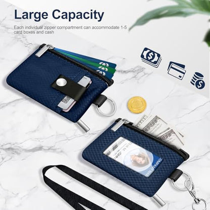 Minimalist RFID Blocking Small Wallet with ID Window,WaterResistant Zip Id Case Wallet with Lanyard Keychain for Cards,Cash,Travel,Women,Men (Dark blue) - color: Dark blue