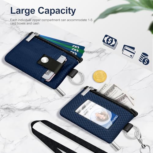 Minimalist RFID Blocking Small Wallet with ID Window,WaterResistant Zip Id Case Wallet with Lanyard Keychain for Cards,Cash,Travel,Women,Men (Dark blue) - color: Dark blue