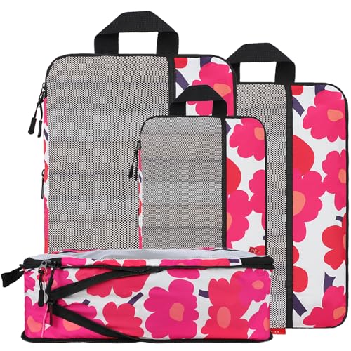 U+U 4 Set Compression Packing Cubes, Travel Organizers (Red Flower) - color: Red Flower, size: 4 Set