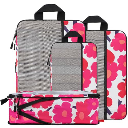 U+U 4 Set Compression Packing Cubes, Travel Organizers (Red Flower) - color: Red Flower, size: 4 Set