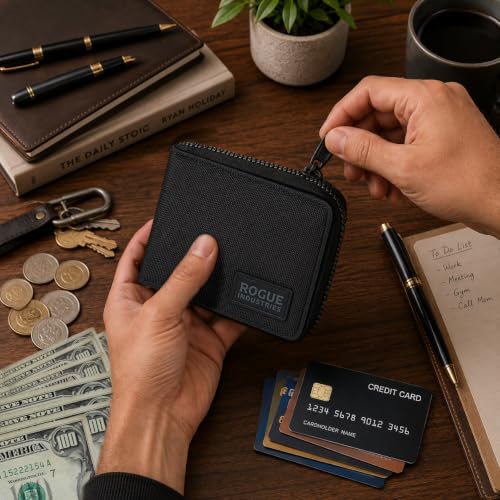 ROGUE WALLET Leather & Nylon Zip Wallet for Men, RFID Blocking, Black - color: Black