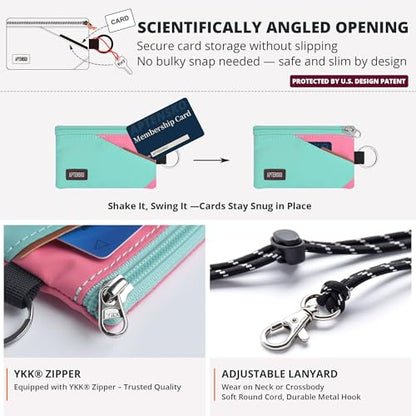RFID Blocking Travel Wallet with Adjustable Lanyard, Small Nylon Zipper Pouch and Badge Holder for ID, Credit Cards, Cash, Keys, Commuters (Mint Aqua+Pink) - color: Mint Aqua+Pink