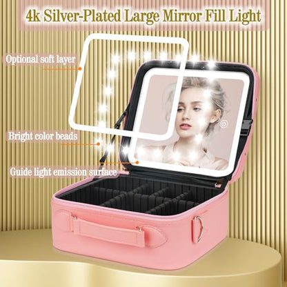 ViKert Travel Makeup Bag with Light Up Mirror,Makeup Travel Case with adjustable dividers,Waterproof Makeup Train Case,lighted Makeup Case with Detachable Mirror