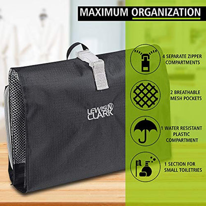 Lewis N. Clark Hanging Toiletry Bag for Travel Accessories, Shampoo, Cosmetics + Personal Items with Waterproof Compartment and Folding Design, Black