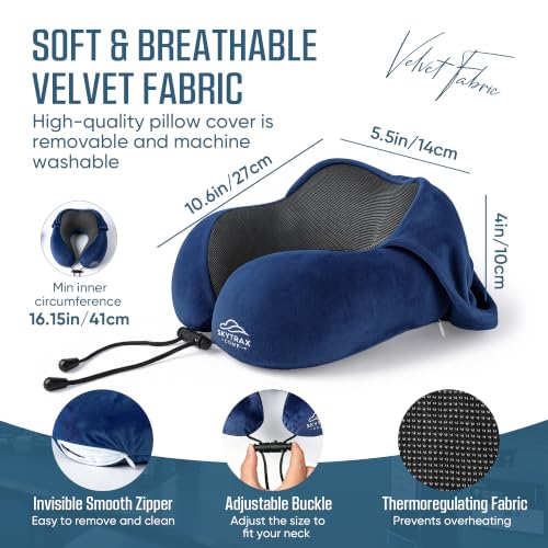SkytraxComf® Travel Neck Pillow with Hood for Privacy on Long Flights - color: Navy Blue