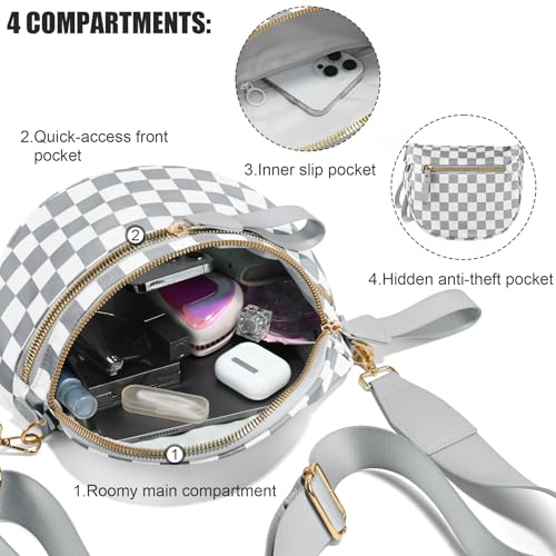 Checkered Crossbody Bags for Women, Large Nylon Bum Bags - color: Light Grey Checkered