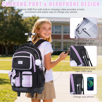 Bevalsa Rolling Backpack for Girls, Roller Backpack with Wheels | Cute Bow Plaid Wheeled School Bookbag Set with Lunch Bag & Pen Case, Suitcases for Kids Teens Elementary Middle Student - color: Black Purple