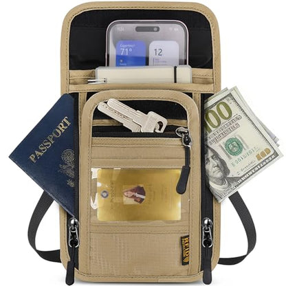 Travel Neck Wallet RFID Blocking – Hidden Passport Holder & Anti-Theft Money Pouch for Men & Women, Lightweight Concealed Undergarment Organizer with Adjustable Strap, Secure Document Holder - color: Khaki