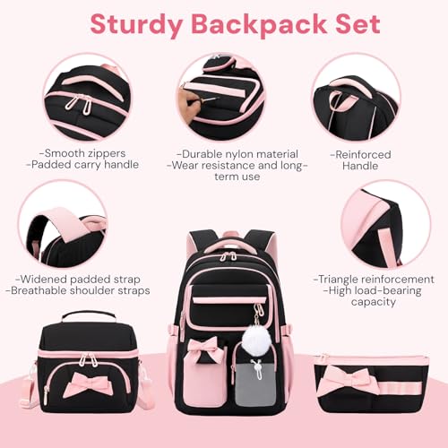Girls School Backpack with Lunch Box Pencil Case Set, Cute Middle School Bag Teen Girls Backpack Bookbag for Kids, 3pcs Black Pink - color: 3pcs Black-pink