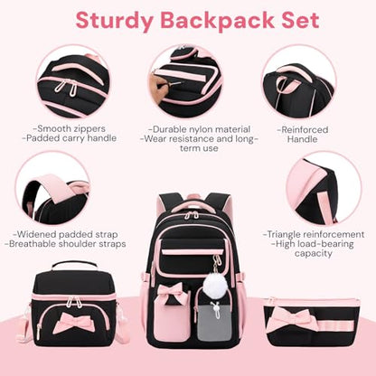 Girls School Backpack with Lunch Box Pencil Case Set, Cute Middle School Bag Teen Girls Backpack Bookbag for Kids, 3pcs Black Pink - color: 3pcs Black-pink