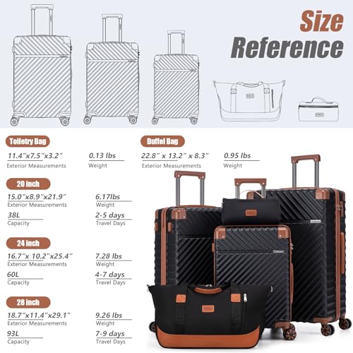 Cosbarn Luggage Sets 5 Pcs Suitcases with Wheels, 20"/24"/28",Black - color: Black, size: 5 Piece Sets (20/24/28/Db/Tb)
