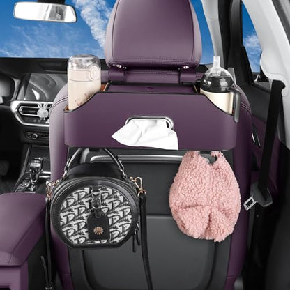 Car Seat Back Organizer with Cup Holders, Tissue Box & Hooks, Purple - color: Purple