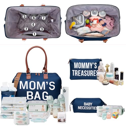 printe Mommy Diaper Bag Tote with 2 Organizer Pouches, Spacious 17.7in Mom’s Bag for Hospital and Weekender Travel, Navy - color: Navy
