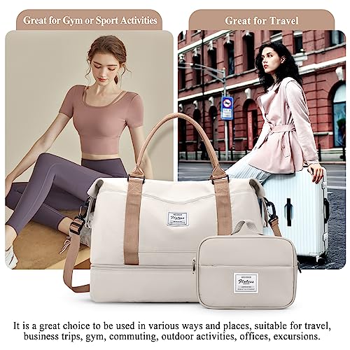 Weekender Bags for Women, Personal Item Travel Bag with Shoes Compartment - color: Beige & Brown, size: Large