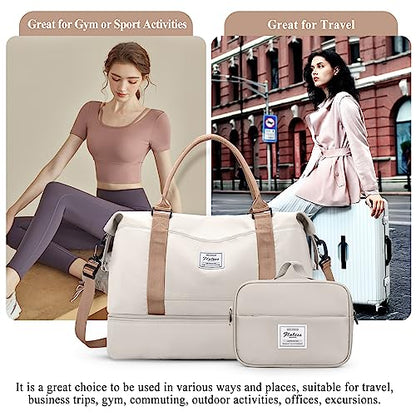 Weekender Bags for Women, Personal Item Travel Bag with Shoes Compartment - color: Beige & Brown, size: Large