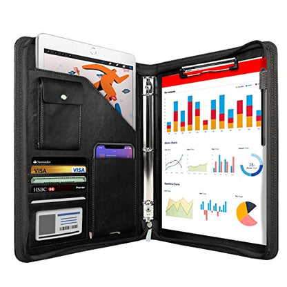 WRIYES Zippered Portfolio Organizer with 3 Ring Binder, Black - color: Black