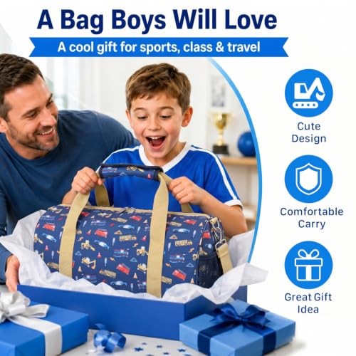 Bagseri Boys Duffle Bag for Travel - Kids Gym Bag with Shoe Compartment - color: B6-Yellow Trucks, size: Medium - 17.3 x 9 x 9.7 in