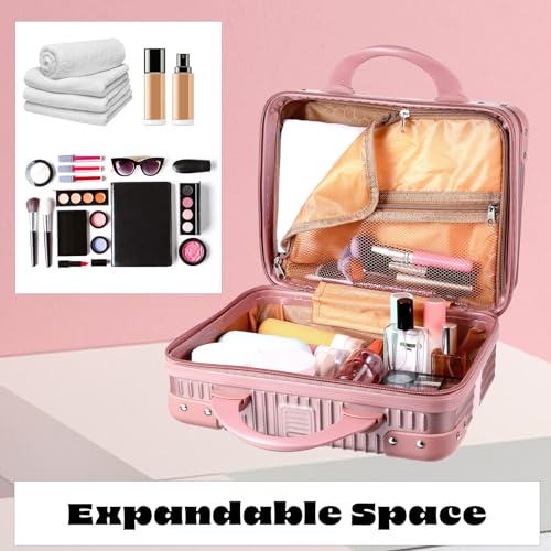 14 Inch Hard Shell Makeup Case, Portable Mini Makeup Suitcase for Hand Luggage with Elastic Band, Pressure-proof Makeup Carrying Case, Lightweight Small Hard Shell Cosmetic Travel Case (Champagne) - color: Champagne