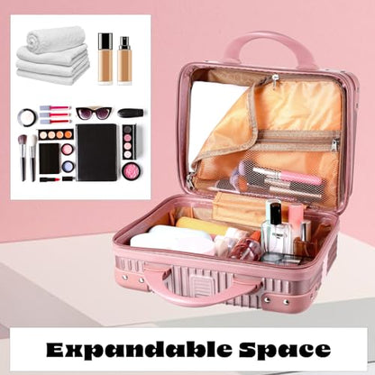 14 Inch Hard Shell Makeup Case, Portable Mini Makeup Suitcase for Hand Luggage with Elastic Band, Pressure-proof Makeup Carrying Case, Lightweight Small Hard Shell Cosmetic Travel Case (Champagne) - color: Champagne