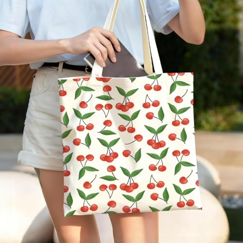 Fruit Canvas Tote Bag, Reusable Cute Shoulder Bag for Shopping Travel - color: Cherry