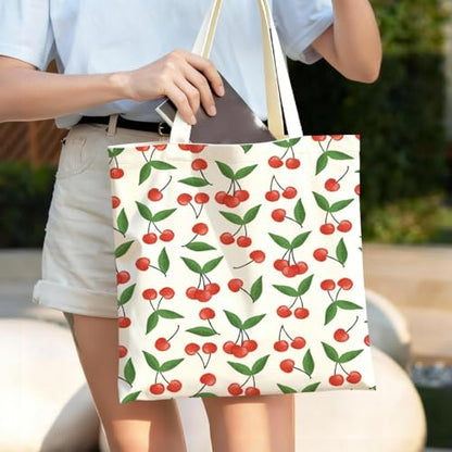Fruit Canvas Tote Bag, Reusable Cute Shoulder Bag for Shopping Travel - color: Cherry