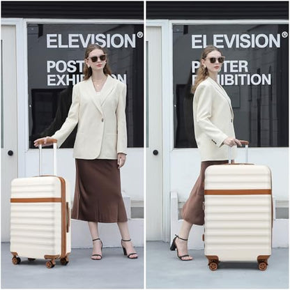Kono Checked Luggage 24in Expandable Spinner TSA Lock ABS+PC Cream - color: Cream White, size: Checked-medium 24-inch