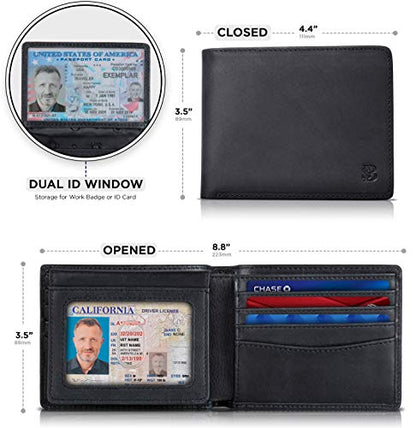 SERMAN BRANDS 2 ID Window Wallet for Men RFID Blocking Leather, Bifold Top Flip, Extra Capacity Travel Wallet - color: B. Charcoal Black Executive