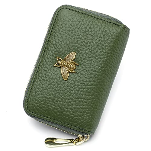 imeetu RFID Credit Card Holder, Small Card Wallet Women, Leather Card Case | Genuine Leather Women's Card & id Cases, Change Coin Purse with Zipper Keychain id Window, 20 Colors & 3 Styles, Daily, Gifts - color: Lite - Olive Green, size: Lite