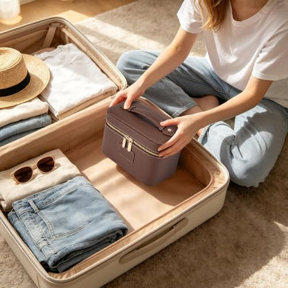 Makeup Bag Travel Toiletry Leather Cosmetic Case, Waterproof Makeup Organizer with Brush Holder, Wipe Clean Removable Divider Vanity Train Bag for Women, Brown Coffe - color: Brown Coffe