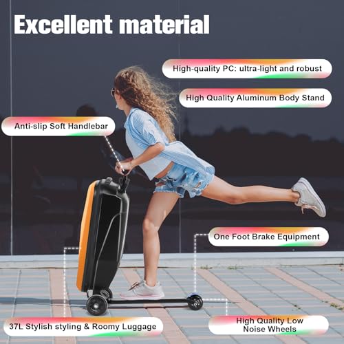 Scooter Luggage for Kids, Ride On Suitcase, Lightweight Foldable Luggage - color: Orange