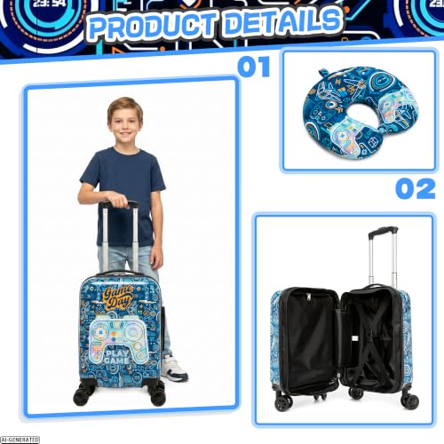 Kids Luggage Set Carry On Suitcase with U shaped Pillow Rolling Toddler Suitcase for Boys Travel Set Hardside Luggage with Spinner Wheels Airline Approved, Game Controller Pattern - color: 1 Game Controller