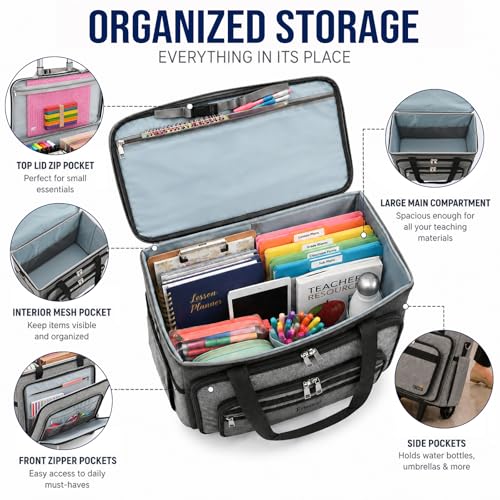 Rolling Craft Bag With Wheels, Teacher Organizer Tote With Detachable Trolley - color: gray, size: 2 Wheels & Fixed Front Feet