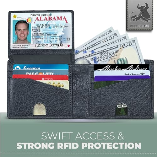 BULL GUARD Buffalo Leather Wallets for Men with RFID Blocking, Flip UP ID Window, Bifold Durable Quality Design - color: Wild Buffalo Grey