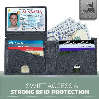 BULL GUARD Buffalo Leather Wallets for Men with RFID Blocking, Flip UP ID Window, Bifold Durable Quality Design - color: Wild Buffalo Grey