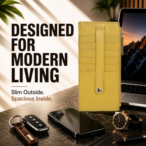Leatherboss Genuine Leather Women's All in One Credit Business Card Case Holder Slim Zipper Wallet With a Card Protection Strap, Mustard - color: Mustard