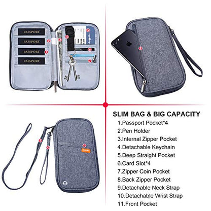 RFID Family Passport Wallet Holder Waterproof, Travel Document Organizer Credit Card Clutch Bag for Men Women - color: Grey RFID
