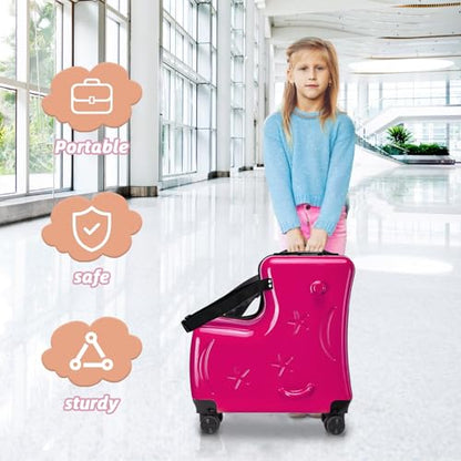 20" Kids Ride-on Luggage with Spinner Wheels, Rolling Child Travel Suitcase - color: Rose Red