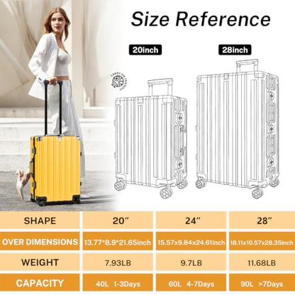 Krute Zipperless Luggage Set 2 Pieces Aluminum Frame Hard Shell Suitcases - color: Yellow, size: 2 Pieces(20+28in)