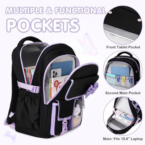 GeeWin Girls Backpack for School Cute Bow with Lunch Box & Pencil Case Set - color: Black Purple