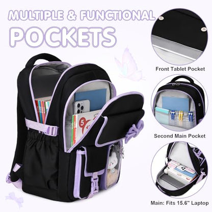 GeeWin Girls Backpack for School Cute Bow with Lunch Box & Pencil Case Set - color: Black Purple