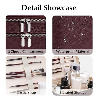 Makeup Case,Leather Double Layer Makeup Bag Duo,Large Portable Travel Toiletry Case Cosmetic Organizer for Women - color: Burgundy(9.8*7*7.3in)