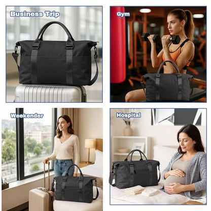 Travel Duffle Bag for Women, Carry On Weekender Tote with Trolley Sleeve - color: Black