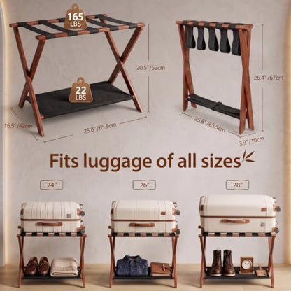 Luggage Rack, Fully Assembled Bamboo Foldable Suitcase Stand for Guest Room, 26.7-Inch Luggage Holder with Storage Shelf & 5 Nylon Straps, for Bedroom and Hote (1 Pack - Brown) - color: 1 Pack - Brown