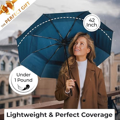 TUMELLA Strongest Windproof Travel Umbrella (Compact, 100MPH Wind-Tested), Light, Portable, One-Handed Use, Automatic Folding Rain Umbrella, Durable, Premium Grip, Fits Car & Backpack - color: 1-pack Petrol